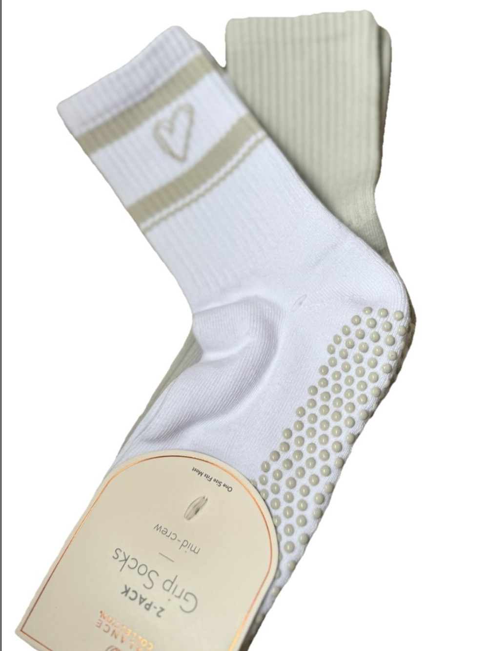 NEW Balance Collection White & Beige Heart Athletic Grip Crew Socks OS Pilates